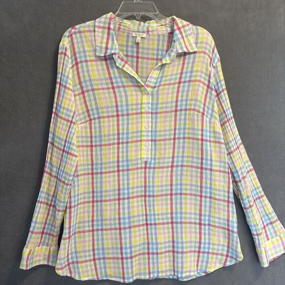 Talbots Popover Top Pastel Plaid Gingham Plus Size 1X Gauzy Cotton Colorful - Picture 1 of 8